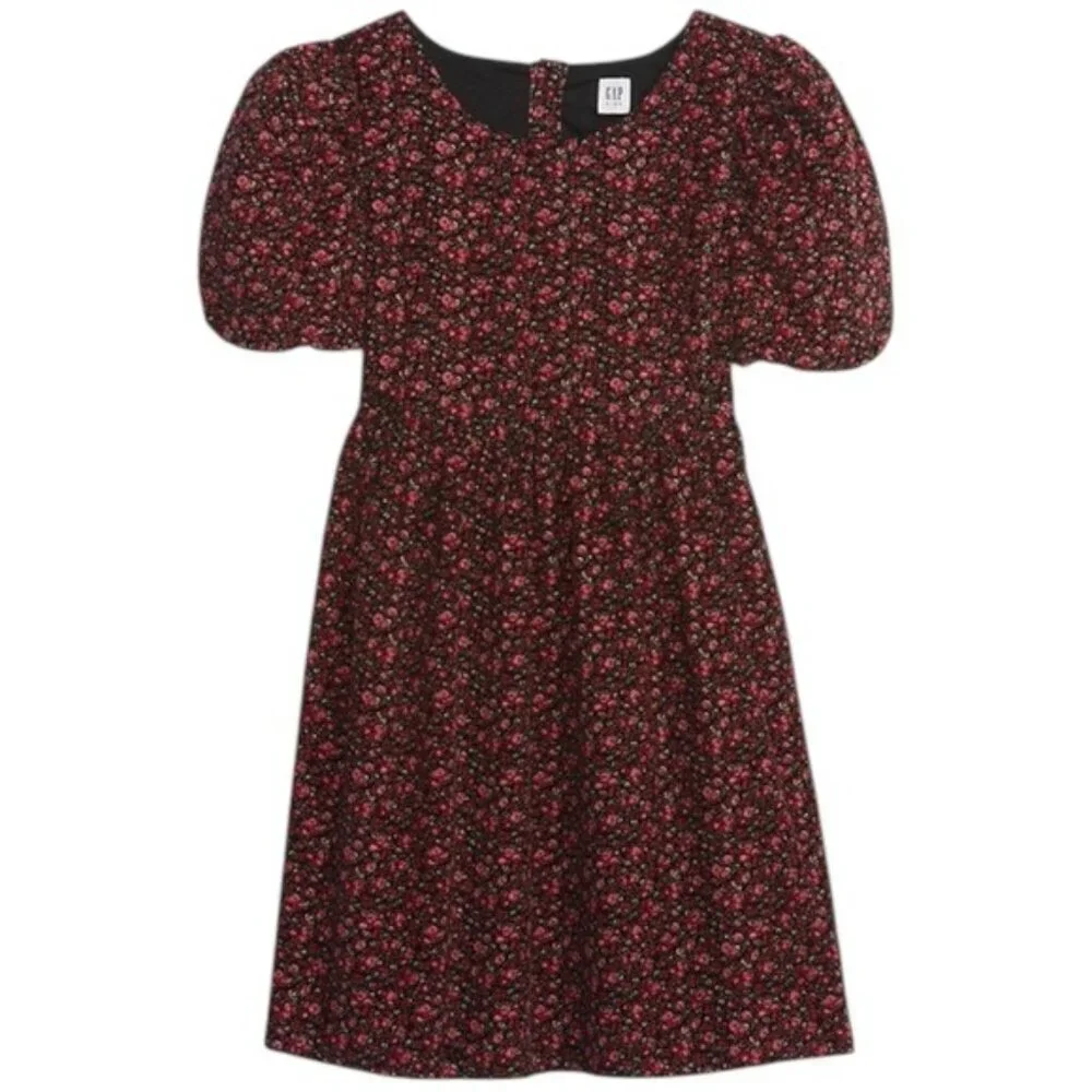 Gap Black and Red Floral Corduroy Puff Sleeve Summer Holiday Dress Girl’s‎ XL